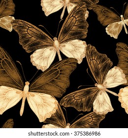 Seamless pattern with exotic tropical butterflies on black background. Series unique design with gold foil. Template for making paper, wallpaper, fabrics, textiles, packaging. Vintage Victorian style