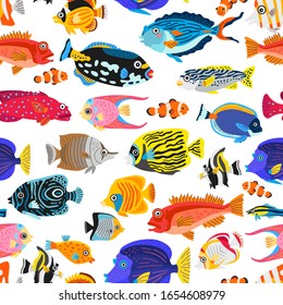 A seamless pattern with exotic tropical fishes. Cartoon underwater animals background. Colorful childish vector illustration. Wrapping, notebooks, labels, accessories-school.