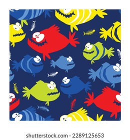 A seamless pattern with exotic tropical fishes. Cartoon underwater animals background. Colorful childish 