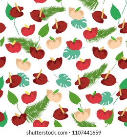 seamless pattern with exotic tropical flowers and palm leaves. Anthurium.  (Araceae).