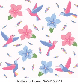 Seamless pattern. Exotic tropical flowers and colourful hummingbirds. Textile composition, hand drawn style print. Vector illustration.