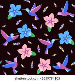Patrón sin fisuras. Flores tropicales exóticas y colibríes coloridos. Composición textil, impresión de estilo dibujado a mano. Ilustración vectorial.
