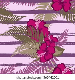 Seamless pattern with exotic tropical flowers and fern leaves