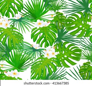 Seamless pattern with exotic tropical flowers and leaves. Plant on white background. Floral vector. Frangipani.