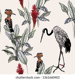Seamless Pattern Exotic Tropical Forest Jungle with Wildlife Exotic Birds Hand Drawn Graphic Outline Ink Drawing Chinese Crane with Hoopoe Bird Pale Colors