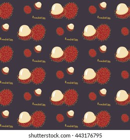 Seamless pattern of exotic tropical fruit rambutan on a violet background, flat style. For printing on fabric or paper. Vector illustration.