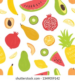 Seamless pattern with exotic tropical fruits on white background. Decorative summer backdrop with fresh dietary veggie food. Flat vector illustration for wrapping paper, textile print, wallpaper.