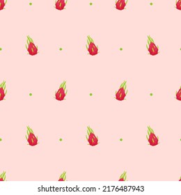 Seamless pattern with exotic tropical fruits, whole pitaya, pitahaya, dragon fruit and green dots on pink background. Vector illustration, print for packaging, fabrics, wallpapers, textiles.