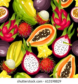Seamless pattern with exotic tropical fruits. Illustration of asian plants.
