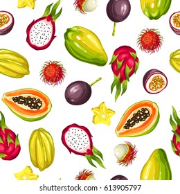 Seamless pattern with exotic tropical fruits. Illustration of asian plants.