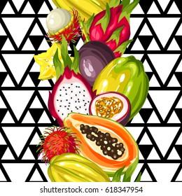 Seamless pattern with exotic tropical fruits. Illustration of asian plants.