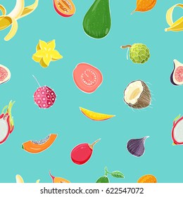 Seamless pattern with exotic tropical fruits. Colorful vector background.