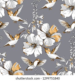 Seamless pattern. Exotic Tropical Hibiscus flowers and hummingbirds. Gold and silver composition on a gray background. Textile composition, hand drawn style print. Vector illustration.