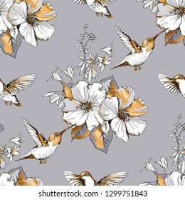 Seamless pattern. Exotic Tropical Hibiscus flowers and hummingbirds. Gold and silver composition on a gray background. Textile composition, hand drawn style print. Vector illustration.