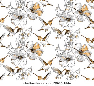 Seamless pattern. Exotic Tropical Hibiscus flowers and hummingbirds. Gold and silver composition on a white background. Textile composition, hand drawn style print. Vector illustration.