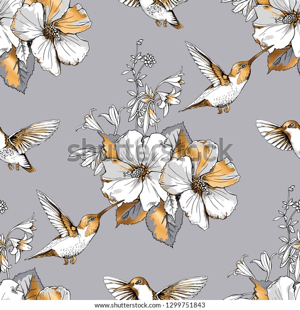 Seamless pattern. Exotic Tropical Hibiscus flowers and hummingbirds. Gold and silver composition on a gray background. Textile composition, hand drawn style print. Vector illustration.