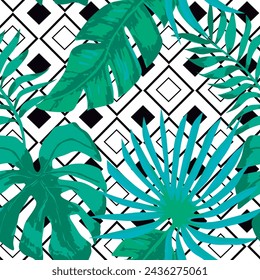 Seamless pattern. Exotic tropical jungle palm leaves, blue-green banana tree on a geometric background. Textile composition, hand-drawn style print. Vector illustration. Wallpaper, textile printing.