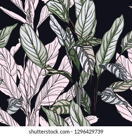 Seamless Pattern Exotic Tropical Leaves Jungle Rainforest Greenery Botanical Plants on Black Background