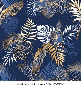 Seamless pattern with exotic tropical leaves. Palm banana, monstera jungle endless background.