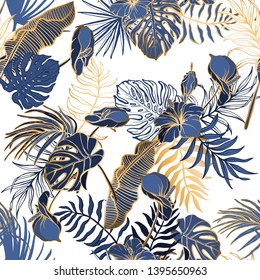 Seamless pattern with exotic tropical leaves. Palm banana, monstera jungle endless background. Seamless pattern with exotic tropical leaves. Palm banana, monstera jungle endless background.