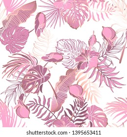 Seamless pattern with exotic tropical leaves. Palm banana, monstera jungle endless background.
