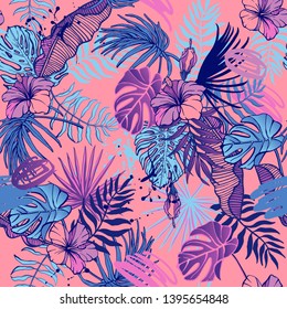 Seamless pattern with exotic tropical leaves. Palm banana, monstera jungle endless background.