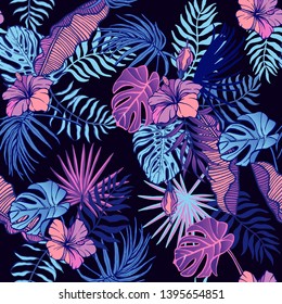 Seamless pattern with exotic tropical leaves. Palm banana, monstera jungle endless background.