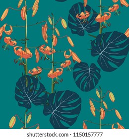 Seamless pattern with exotic tropical monstera leaves and lilies flowers on the green background. Vector seamless pattern. Tropical illustration. Jungle foliage.
