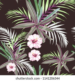 Seamless pattern with exotic tropical palms and hibiscus flowers. Pink tropical plants on the dark background. Vector seamless pattern. Tropical illustration. Jungle foliage.