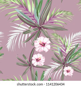 Seamless pattern with exotic tropical palms and hibiscus flowers. Pink tropical plants on the dark pink background. Tropical illustration. Jungle foliage.