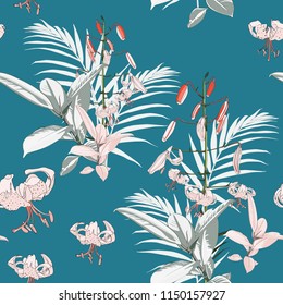 Seamless pattern with exotic tropical palms and lilies flowers on the blue background. Vector seamless pattern. Tropical illustration. Jungle foliage.