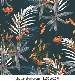 Seamless pattern with exotic tropical palms and lilies flowers on the dark background. Vector seamless pattern. Tropical illustration. Jungle foliage.