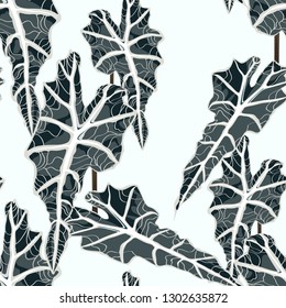 Seamless pattern with exotic tropical  plant leaves. Tropical illustration. Jungle foliage. Light blue background.