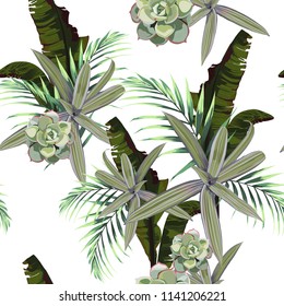 Seamless pattern with exotic tropical plants. Green and violet tropical plants on the white background. Vector seamless pattern. Tropical illustration. Jungle foliage.