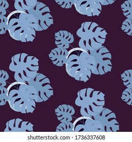 Seamless pattern with exotic tropical plants. Monstera in the pot. Blue Monstera. Hawaiian flowers. Indigo tropical pattern with monster. For fabric, wallpaper, wrapping paper, scrapbooking.