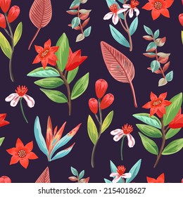 Seamless pattern with exotic tropical plants and flowers. Tropical paradise colorful print for design and textile