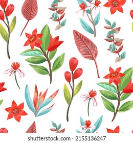 Seamless pattern with exotic tropical plants and flowers. Tropical paradise colorful print for design and textile