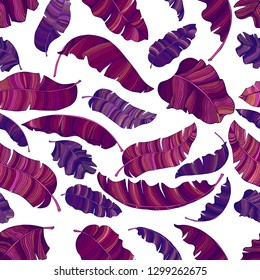 A seamless pattern of exotic, vibrant purple leaves of a banana. Decorative image with colorful purple tropical foliage. Vector illustration.
