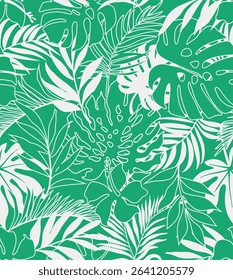 seamless pattern Exotic   wallpaper of tropical flowers  green leaves of palm trees and flowers bird of paradis, hibiscus, artwork for fabrics, souvenirs, packaging, greeting cards 