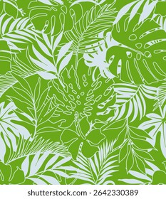 seamless pattern Exotic   wallpaper of tropical flowers  green leaves of palm trees and flowers bird of paradis, hibiscus, artwork for fabrics, souvenirs, packaging, greeting cards 