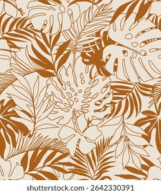 seamless pattern Exotic   wallpaper of tropical flowers  green leaves of palm trees and flowers bird of paradis, hibiscus, artwork for fabrics, souvenirs, packaging, greeting cards 