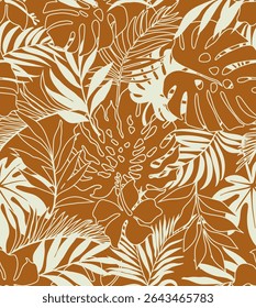 seamless pattern Exotic   wallpaper of tropical flowers  green leaves of palm trees and flowers bird of paradis, hibiscus, artwork for fabrics, souvenirs, packaging, greeting cards 