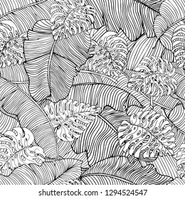 Seamless pattern of exotic white banana leaves and monstera leaves with black outline. Decorative image with tropical foliage. Vector illustration EPS 8.