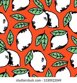 Seamless pattern of exotic white lemons, fruits with leaf