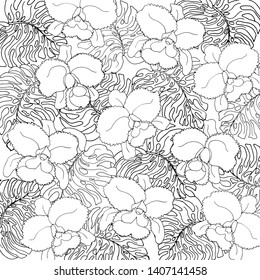 Seamless pattern of exotic white monstera leaves and orchids with black outline. Decorative image with tropical foliage. Vector illustration EPS 8.