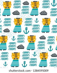 Seamless pattern with exotic zoo animal tiger and travelling ship. Vector wllpaper hand drawn in scandinavian childish stile with abstract waves and anchorn.
