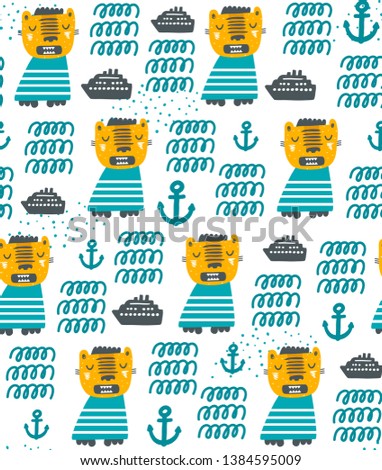 Seamless pattern with exotic zoo animal tiger and travelling ship. Vector wllpaper hand drawn in scandinavian childish stile with abstract waves and anchorn.