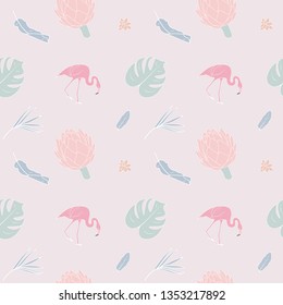 Seamless pattern with exotical elements: flamingo, artichoke, orchid and other tropical flowers and plants. Gentle pastel shades 