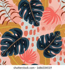 Seamless pattern with exotics tropical leaves and plants with abstract hand drawn ornament on pink coral backdrop. Delicate foliage floral background. Forest illustration.