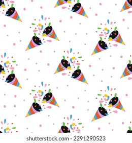 Seamless pattern with exploding party popper and dots. Cartoon firecracker with colorful confetti. Hand drawn petard. Birthday, event, holiday print. Vector illustration